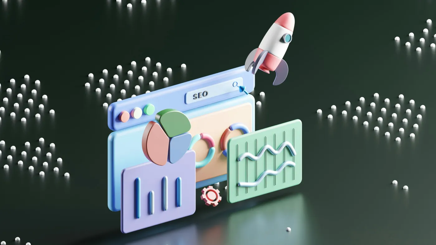 SEO backlink strategy concept with a rocket launching from an analytics dashboard